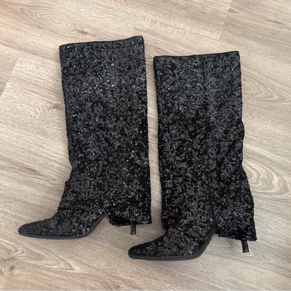 Elegant Black Sequin Knee-High Boots